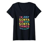 Femme Sonya est Ici en Train de Faire des Choses drôles à Sonya Name T-Shirt avec Col en V