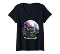 Femme Sorcière Chat Noir avec Chaudron et Lune T-Shirt avec Col en V