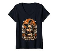 Femme Sorcière Chat Noir Tarot Gothique Halloween Lune Femmes Filles T-Shirt avec Col en V
