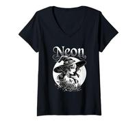 Femme Sorcière Gothique Lune Roses sorcière Mystique T-Shirt avec Col en V