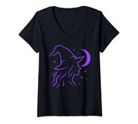 Femme Sorcière Halloween Lune Mystique Art Païen Samhain T-Shirt avec Col en V