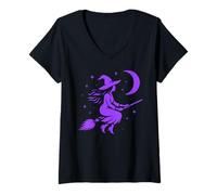 Femme Sorcière Halloween Lune Mystique Art Païen Samhain T-Shirt avec Col en V