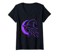 Femme Sorcière Halloween Lune Mystique Art Païen Samhain T-Shirt avec Col en V