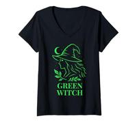 Femme Sorcière Verte Profil Nature avec Lune et Feuillage T-Shirt avec Col en V
