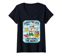 Femme Sorry I'm Late I Was Busy Being The Wurst Funny Oktoberfest T-Shirt avec Col en V