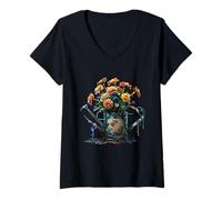 Femme Soucis dans Un arrosoir rétro Fleuri souci T-Shirt avec Col en V