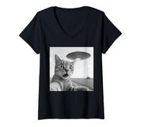 Femme Soucoupe Alien Chat Selfie Choc Gros Plan Nuit Ciel Scène Panique T-Shirt avec Col en V