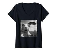 Femme Soucoupe Alien Cochon d'Inde Selfie Shock Gros Plan Sky Panic T-Shirt avec Col en V