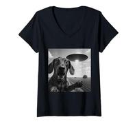 Femme Soucoupe Extraterrestre Teckel Selfie Choc Gros Plan Ciel Panique T-Shirt avec Col en V