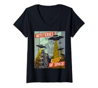 Femme Soucoupe Volante en Forme Chat UFO Invasion Science Fiction T-Shirt avec Col en V