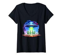 Femme Soucoupe Volante rétro OVNI Enlèvement Extraterrestre Sci FI Rassemblement T-Shirt avec Col en V