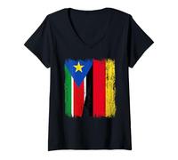 Femme Soudan du Sud Allemagne Demi Drapeau Soudan du Sud Patrimoine Allemand T-Shirt avec Col en V