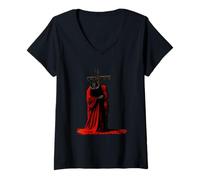 Femme Souffrant l'art du Messie | Design Symbolique chrétien Sombre T-Shirt avec Col en V