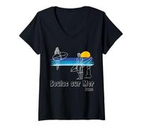 Femme Soulac sur Mer France Surf Plage Surf Guy Fille avec Chien T-Shirt avec Col en V