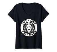 Femme Soulevez des Objets Lourds, priez Fort, Christian Lion Cross, Gym, Fitness T-Shirt avec Col en V