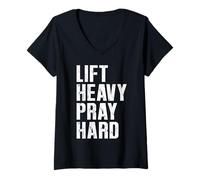 Femme Soulevez des Objets Lourds, priez Fort, Foi chrétienne, Fitness, Grunge, Gym T-Shirt avec Col en V