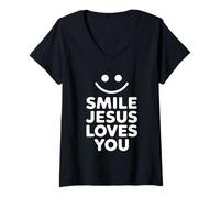 Femme Souriez, Jésus vous aime, drôle de foi chrétienne T-Shirt avec Col en V