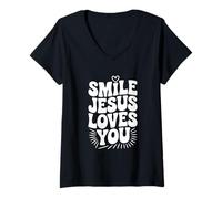 Femme Souriez, Jésus Vous Aime, Foi chrétienne, Source d'inspiration T-Shirt avec Col en V