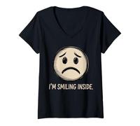 Femme Sourire à l'intérieur : Motif Visage Triste dessiné à la Main T-Shirt avec Col en V