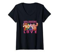 Femme South Park Lets Fighting Love Neon Anime Group T-Shirt avec Col en V
