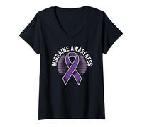 Femme Soutien aux Maladies chroniques avec Ruban Violet pour Sensibilisation à la migraine T-Shirt avec Col en V