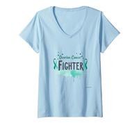 Femme Soutien aux survivants de la Sensibilisation aux Combattants du Cancer de l'ovaire T-Shirt avec Col en V, Bleu Céleste, XL