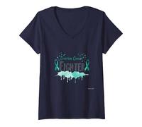 Femme Soutien aux survivants de la Sensibilisation aux Combattants du Cancer de l'ovaire T-Shirt avec Col en V, Bleu Marine, XL