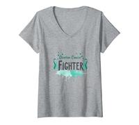 Femme Soutien aux survivants de la Sensibilisation aux Combattants du Cancer de l'ovaire T-Shirt avec Col en V, Gris Chiné, XXL