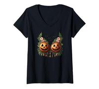 Femme Soutien-gorge hawaïen en coquille de noix de coco citrouille Jack O Lantern Halloween T-Shirt avec Col en V
