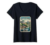Femme Souvenir animé Kanji du château de Gujo Hachiman, Ville, Pont fluvial T-Shirt avec Col en V