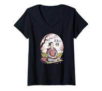 Femme Souvenir d'anime Samouraï Ohanami Japon Kanji T-Shirt avec Col en V