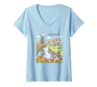 Femme Souvenir d'art de Village de Moulin à Vent hollandais avec Champs de Tulipes T-Shirt avec Col en V