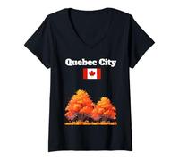 Femme Souvenir de la Ville de Québec Feuilles d'automne Feuillage Drapeau Canada T-Shirt avec Col en V