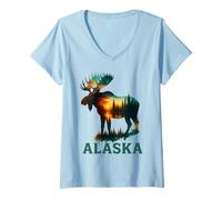 Femme Souvenir de l'élan de l'Alaska avec lac et Montagne pour Homme et Femme T-Shirt avec Col en V