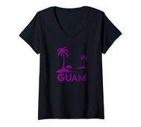 Femme Souvenir de Palmier Chamorro Tropical au Coucher du Soleil sur l'île de Guam T-Shirt avec Col en V