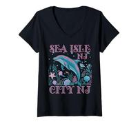 Femme SOUVENIR DE PLAGE COLORÉ SEA ISLE CITY NJ DOLPHIN T-Shirt avec Col en V