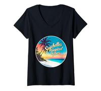 Femme Souvenir de vacances d'été et de soleil sur la plage aux Seychelles, ambiance tropicale T-Shirt avec Col en V