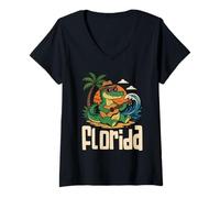 Femme Souvenir de Voyage au Coucher du Soleil d'été en Floride avec Alligator Beach Vibes T-Shirt avec Col en V