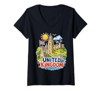 Femme Souvenir de Voyage avec Drapeau du Royaume-Uni T-Shirt avec Col en V