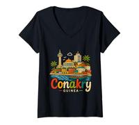Femme Souvenir de Voyage Conakry Guinée dessiné à la Main T-Shirt avec Col en V