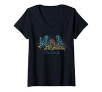 Femme Souvenir de Voyage de Nuit de Madrid Panorama City Landmark Cadeau T-Shirt avec Col en V