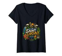 Femme Souvenir de Voyage de Sainte-Lucie dessiné à la Main T-Shirt avec Col en V