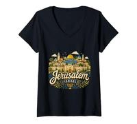Femme Souvenir de Voyage dessiné à la Main Jérusalem Israël T-Shirt avec Col en V