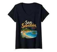Femme Souvenir de Voyage dessiné à la Main Saint-Sébastien Espagne Cadeau Monument T-Shirt avec Col en V
