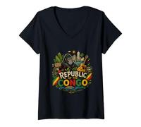 Femme Souvenir de Voyage du Congo dessiné à la Main T-Shirt avec Col en V