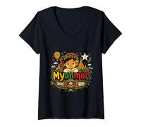 Femme Souvenir de Voyage en Birmanie dessiné à la Main T-Shirt avec Col en V