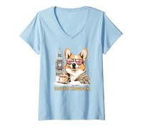Femme Souvenir de voyage en forme de chien Corgi Big Ben London Tea T-Shirt avec Col en V