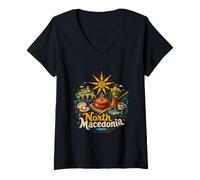Femme Souvenir de Voyage en Macédoine du Nord dessiné à la Main T-Shirt avec Col en V