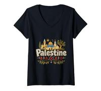Femme Souvenir de Voyage en Palestine dessiné à la Main T-Shirt avec Col en V