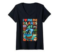Femme Souvenir de Voyage « I Love Phi Phi Islands » en Thaïlande T-Shirt avec Col en V